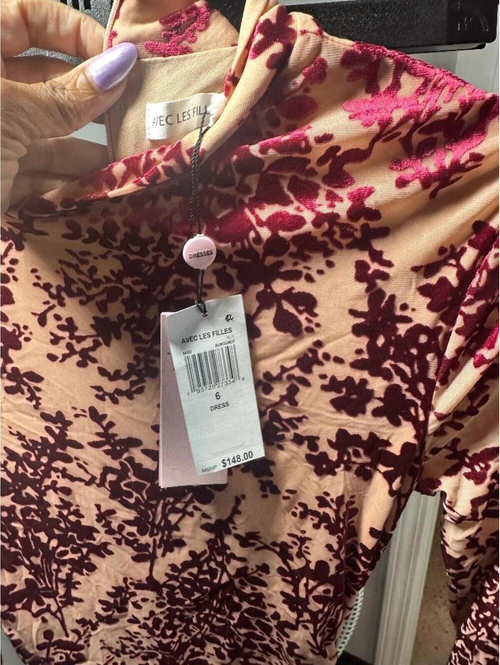 Avec Les Filles Size 6 NWT Velvet Floral Ruched Bodycon Midi Dress Blush Burgund - Picture 2 of 3